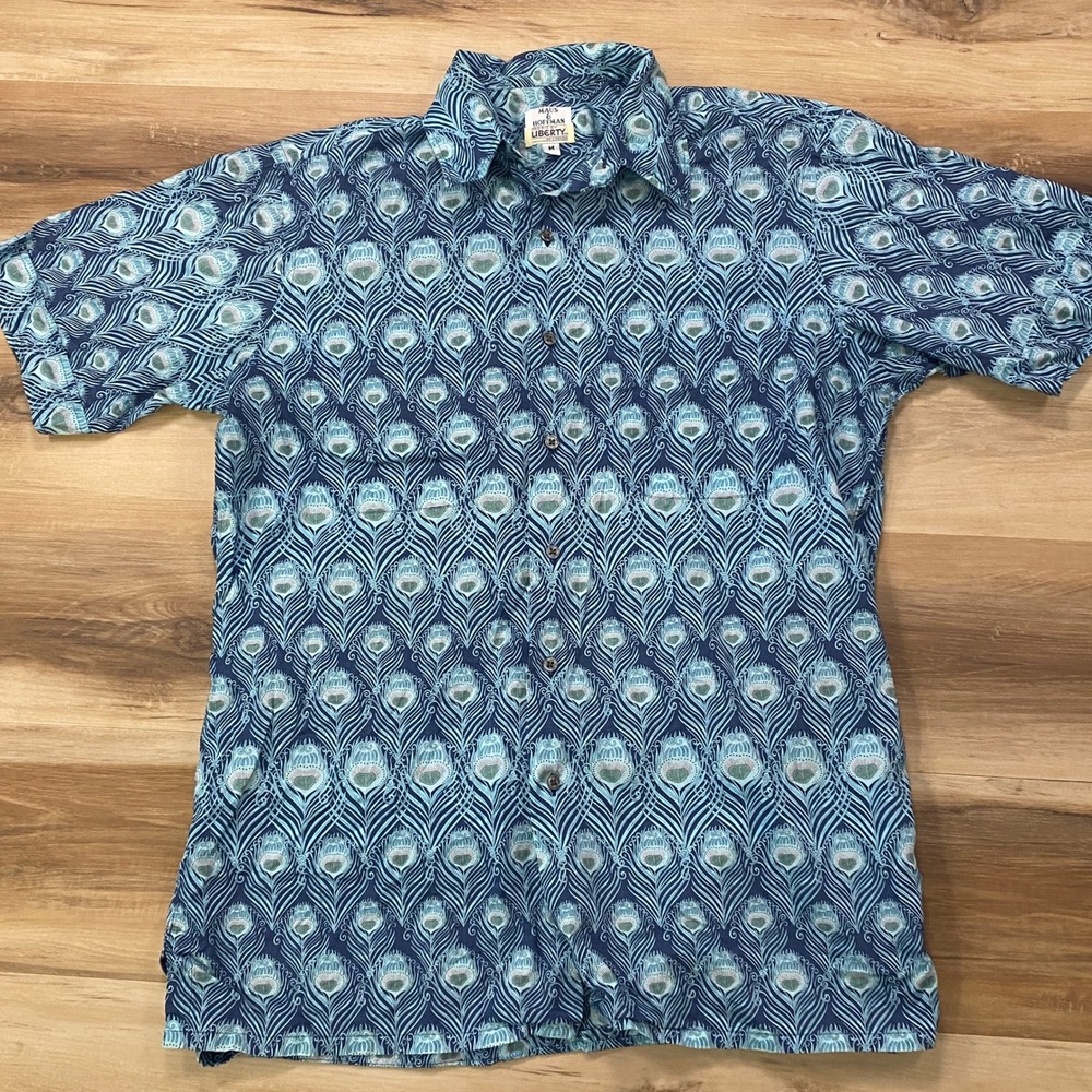 Maus & Hoffman Shirt M Liberty of London Peacock Print Cotton Vintage Blue